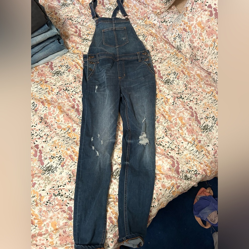 Sneak Peek Dark Blue Distressed Overalls